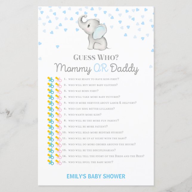 Boy Blue Elephant Baby Shower Game PRINTED (Framsida)