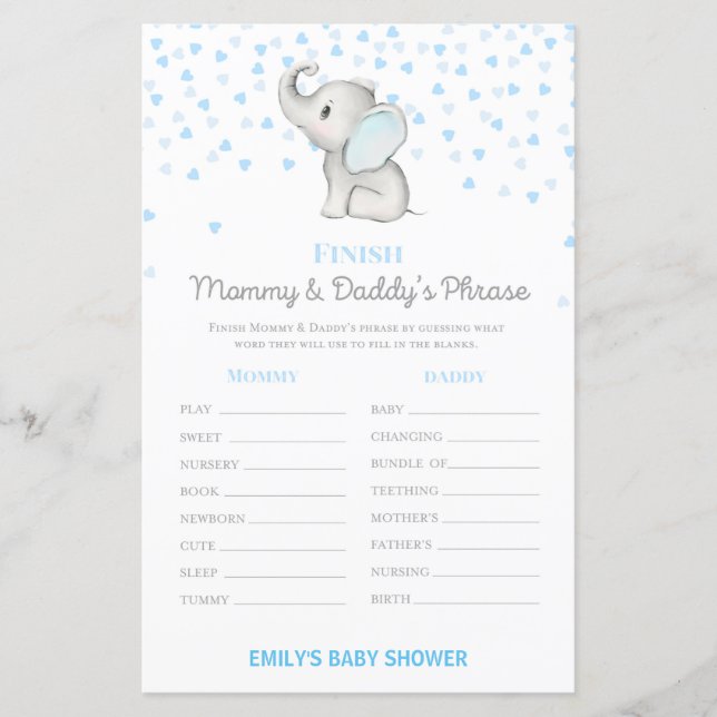 Boy Blue Elephant Baby Shower Game PRINTED (Framsida)