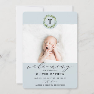 Boy Blue Eucalyptus Greenery Monogram Baby Birth Meddelande
