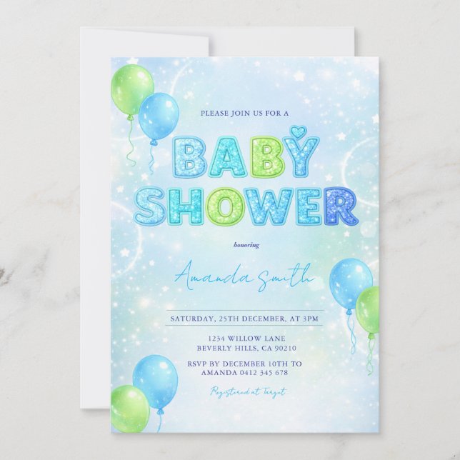 Boy Blue Green Glitter regnbåge baby shower  Inbjudningar (Framsida)