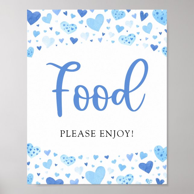 Boy Blue Hearts Valentine Baby Shower Food Sign Poster (Framsidan)