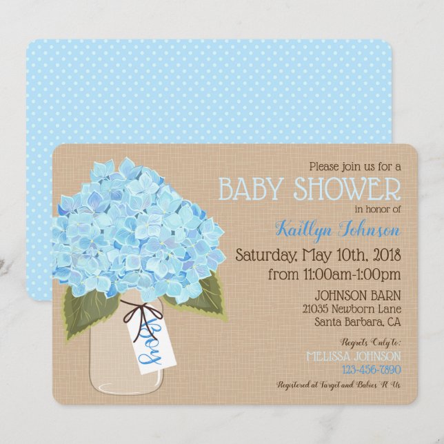 Boy Blue Hydrangea Mason Burk Rustic Baby Shower Inbjudningar (Fram/baksida)