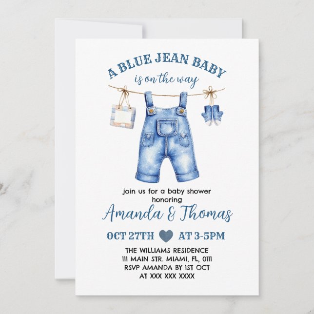 Boy Blue Jean Baby Shower-inbjudan Inbjudningar (Framsida)