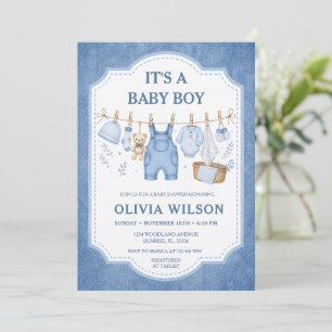 Boy Blue Jean Clothesline Baby Shower Inbjudningar