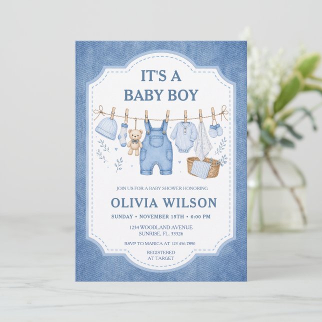 Boy Blue Jean Clothesline Baby Shower  Inbjudningar (Stående Fram)