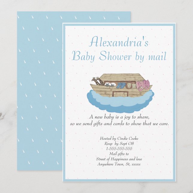 Boy Blue Noah Ark Baby Shower genom e-postinbjudan Inbjudningar (Fram/baksida)