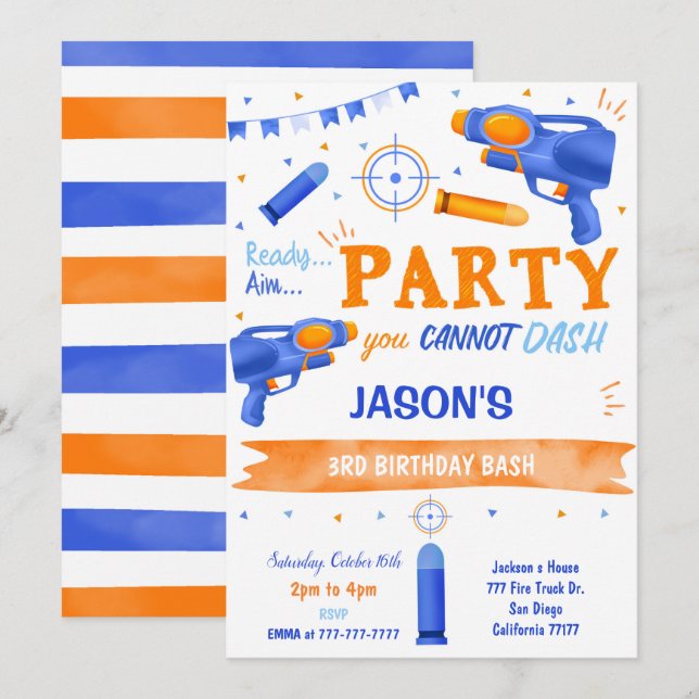 Boy Blue och Orange Dart Gun Inbjudningar (Fram/baksida)