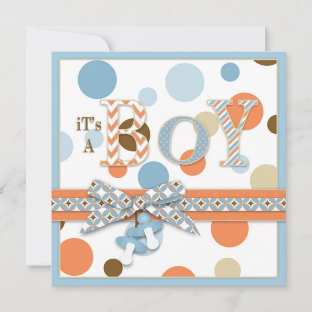 BOY Blue Orange Brown Dots Baby Shower Inbjudningar (Framsida)