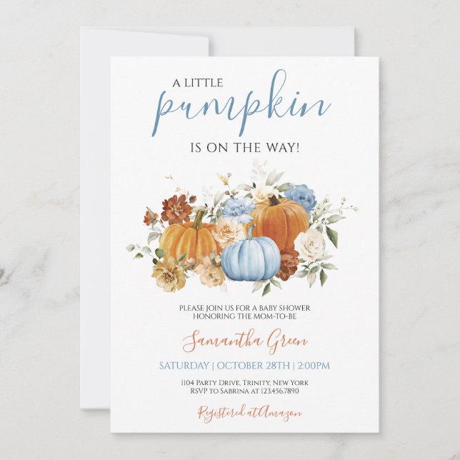 Boy Blue Pumpkin Baby Shower Inbjudningar (Framsida)