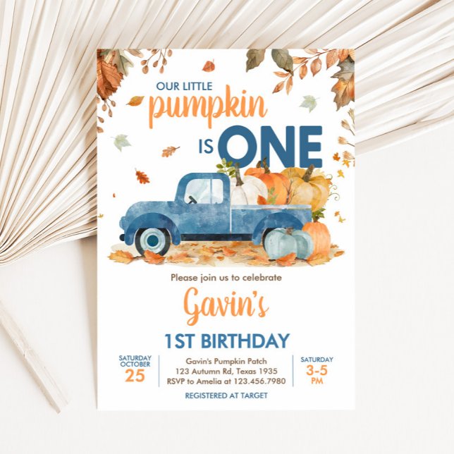 Boy Blue Pumpkin Lastbil Fall Birthday Inbjudningar (Blue Pumpkin Truck Fall Birthday Invitation)