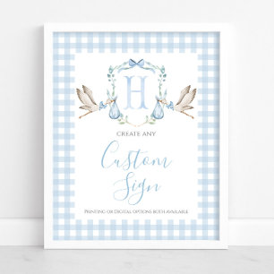 Boy Blue Stork Baby Shower Anpassningsbar Sign Poster