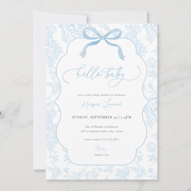 Boy Blue Toile De Jouy Baby Shower-inbjudan Inbjudningar (Framsida)