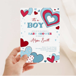 Boy Blue Valentine Day Hearts Baby Shower Inbjudningar