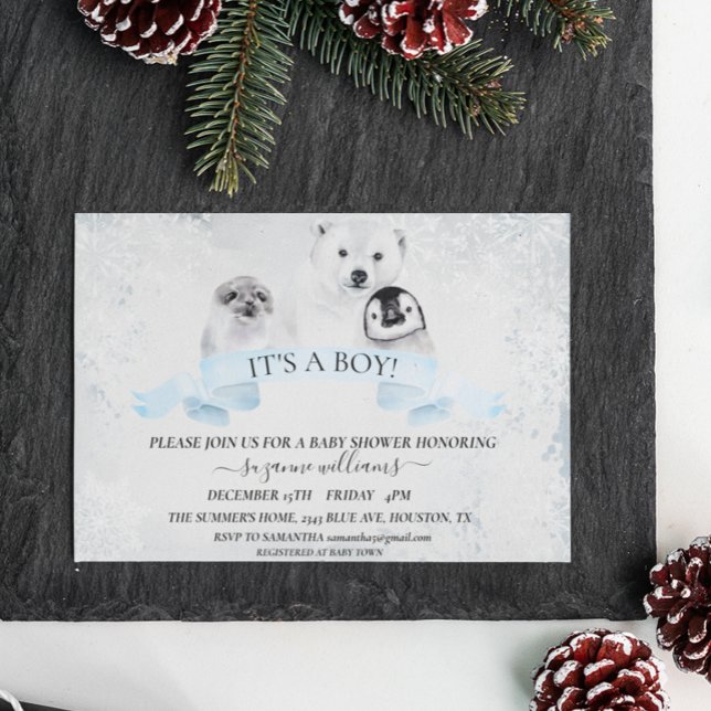 Boy Blue Winter jul Baby Shower Animals Inbjudningar (Skapare uppladdad)