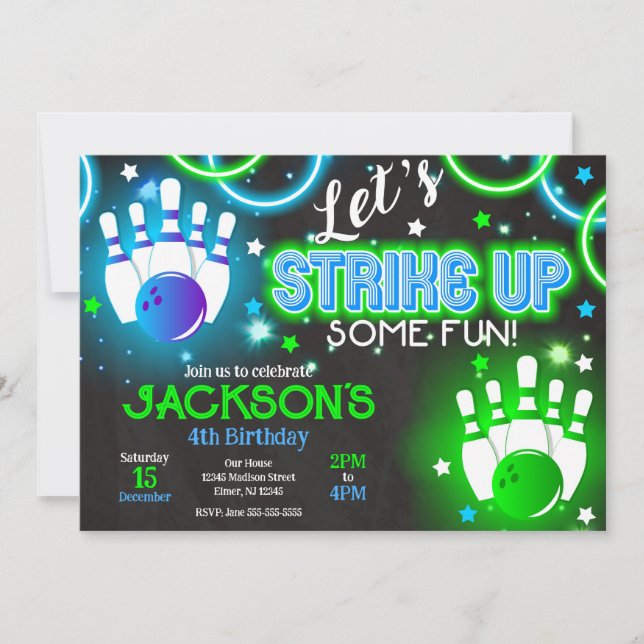 Boy Bowling Invitation Glow Neon Joint Birthday Inbjudningar (Framsida)