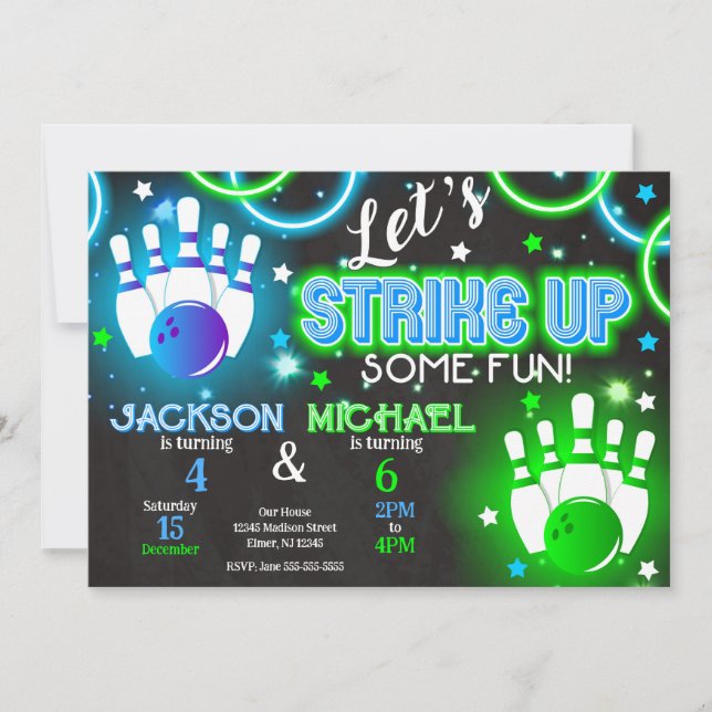 Boy Bowling Invitation Glow Neon Joint Birthday Inbjudningar (Framsida)