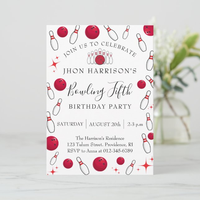 Boy Bowling Party 5th Birthday  Inbjudningar (Stående Fram)