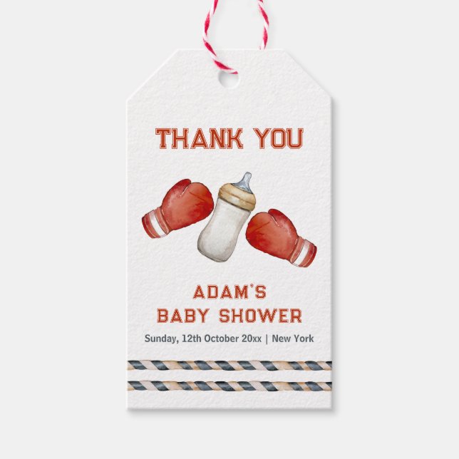 Boy Boxing Little Champion Baby Shower Thank You Presentetikett (Framsidan)