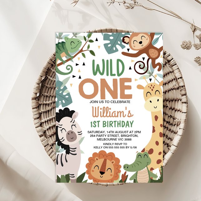 Boy Brown Grönt Safari Vild ett första födelsedag Inbjudningar (Wild One 1ST Birthday Invitation Template Boy, Safari Wild One Birthday Invitation, Jungle Themed)