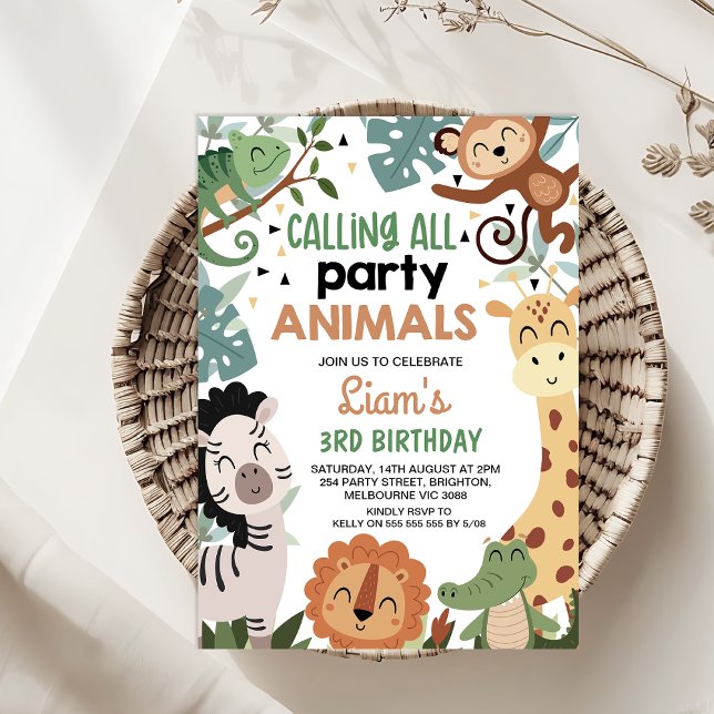 Boy Brown Grönt som ringer alla Party-djur födelse Inbjudningar (Calling All Party Animals  Birthday Invitation Template Boy, Safari Birthday Invitation, Jungle )