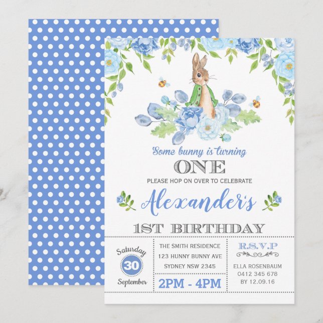 Boy Bunny 1st Birthday Party Garden Blue Blommigt Inbjudningar (Fram/baksida)