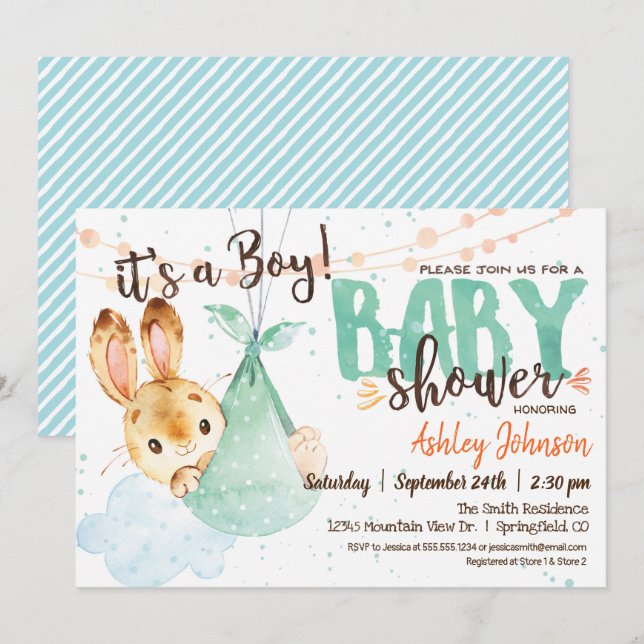 Boy Bunny Baby Shower-inbjudan Inbjudningar (Fram/baksida)