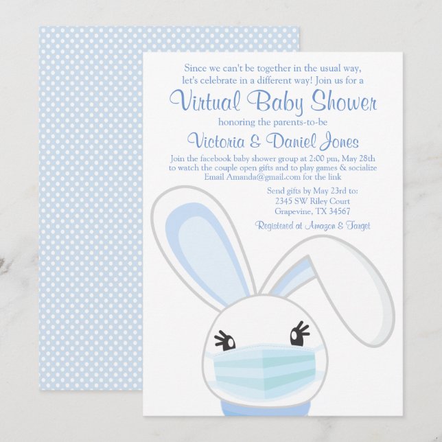 Boy Bunny Rabbit Mask Virtuell Baby Shower Inbjudningar (Fram/baksida)
