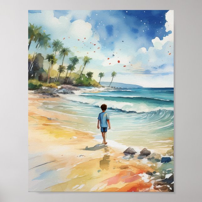 Boy by Sea Watercolor Poster (Framsidan)