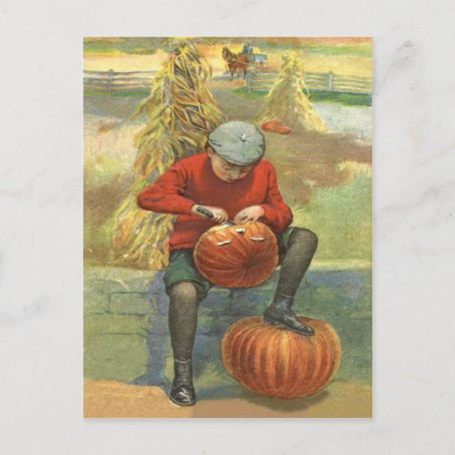 Boy Carving Jack o lantern Pumpkin Vykort (Framsida)