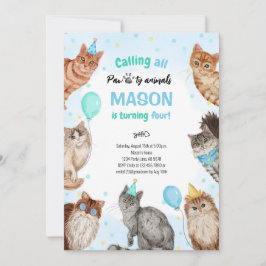 Boy Cat Pawty Animals Birthday Inbjudningar