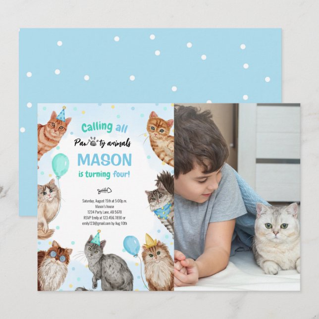 Boy Cat Pawty Animals Birthday Photo Inbjudningar (Fram/baksida)