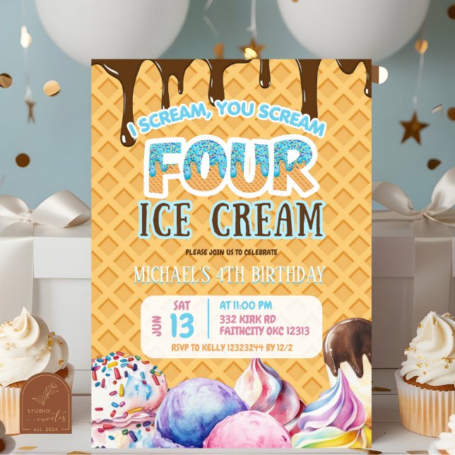 Boy Chocolate Drip Waffle Ice Cream 4e födelsedage Inbjudningar (Skapare uppladdad)