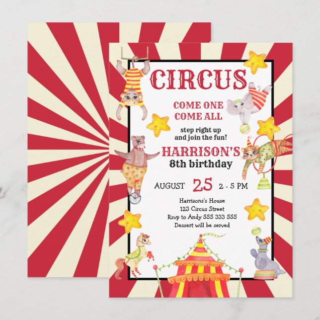 Boy Circus Party Birthday Carnival Inbjudningar (Fram/baksida)