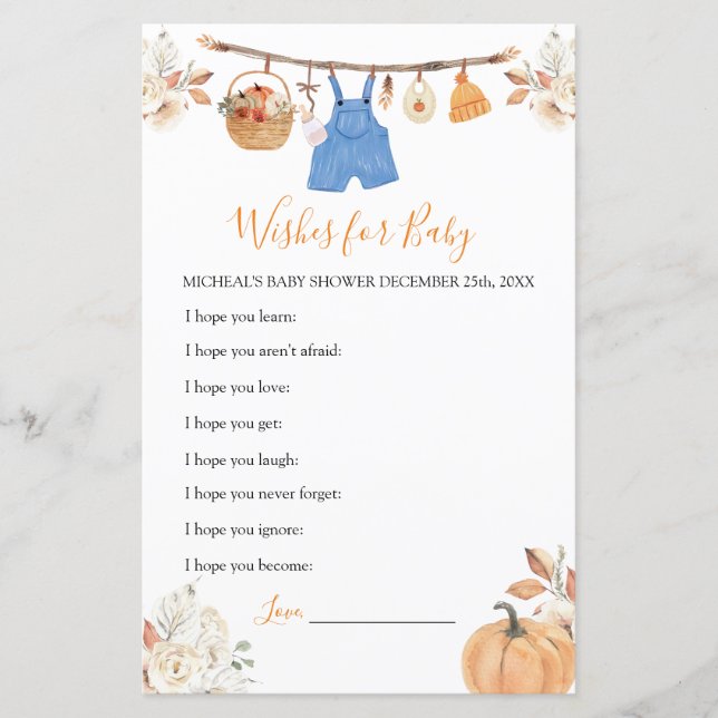 Boy Clothes Pumpkin Baby Shower Önskemål för Baby (Framsida)