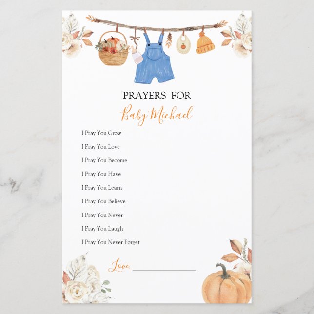 Boy Clothes Pumpkin Baby Shower Prayers för Baby (Framsida)