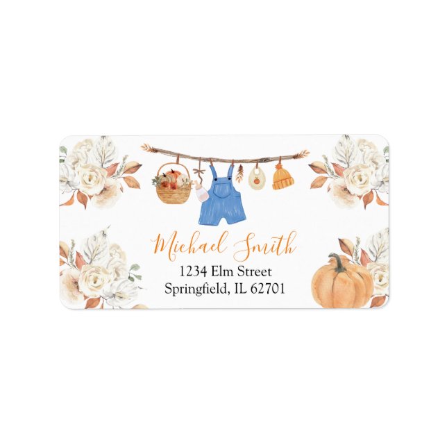 Boy Clothes Pumpkin Fall Baby Shower Adress Adressetikett (Framsidan)