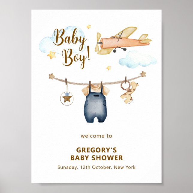 Boy Clothesline Airplane Sky Baby Shower Welcome  Poster (Framsidan)