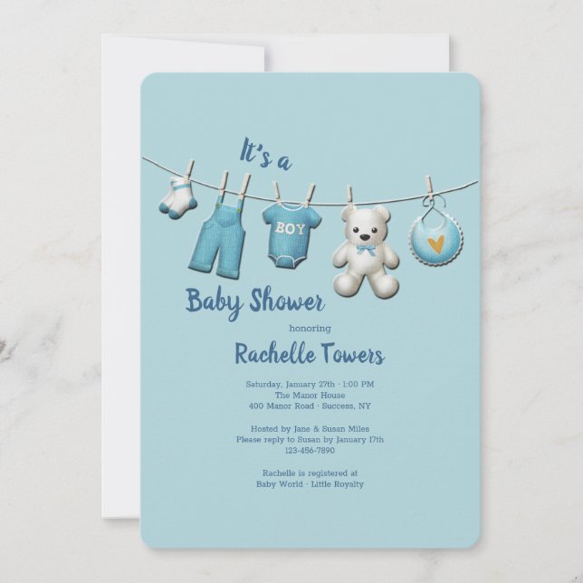 Boy Clothesline Baby Shower Inbjudningar (Framsida)