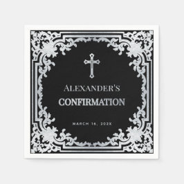 Boy Confirmation Black Elegant Vintage Faux Silver Pappersservett