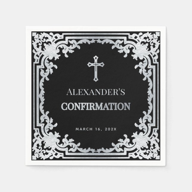 Boy Confirmation Black Elegant Vintage Faux Silver Pappersservett (Framsidan)
