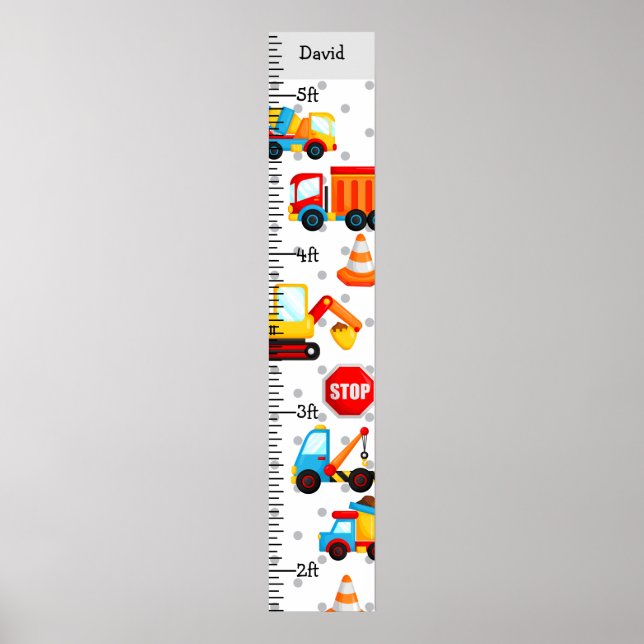 Boy Construction Lastbilar Growth Chart Personlig Poster (Framsidan)