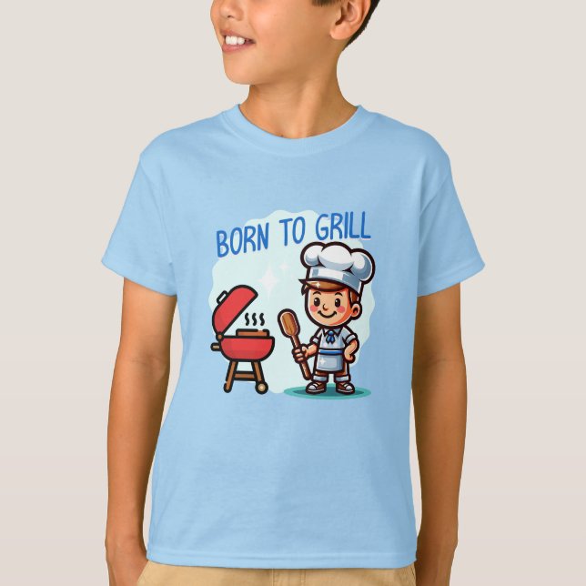 Boy cooking Born to grill T Shirt (Framsida)