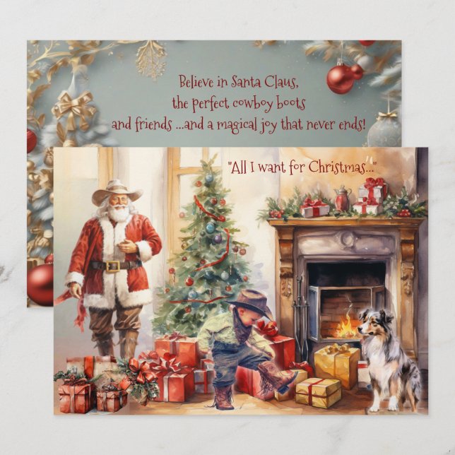Boy Cowboy Boots for Christmas Christmas Card Julkort (Fram/baksida)