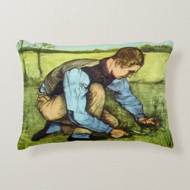 Boy Cshing Grass med Sickle av Vincent van Gogh Prydnadskudde (Framsidan)