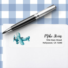 Boy Cute Blue Airplane Travel Barns födelsedag Anp Returadress Etikett