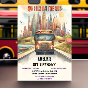 Boy Cute Girl Tour City Party Buss 1:a födelsedage Inbjudningar