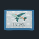 Boy Cute Modern Blue Airplane Kids Travel<br><div class="desc">Den här transporttematiska planen för barnplånbok har ett modernt blått och orange flygplan med bakgrund av blå himmel och moln och kan vara personlig med pojkens namn. Perfekt för ett flygplan och ett barn som älskar resor! Kolla in vår butik för andra söta flygplanskonstruktioner.</div>