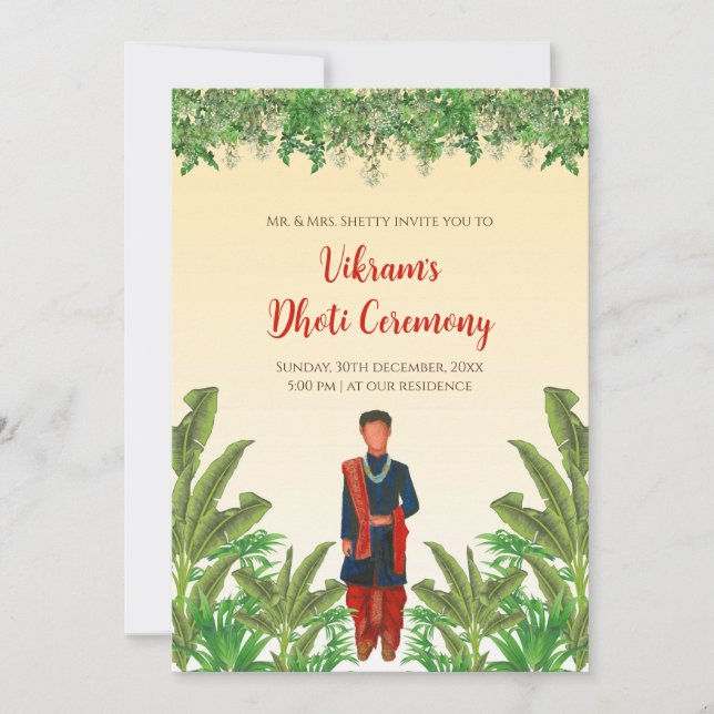 Boy Dhoti-ceremonin inbjuden Pancha Kattu inbjudan (Framsida)