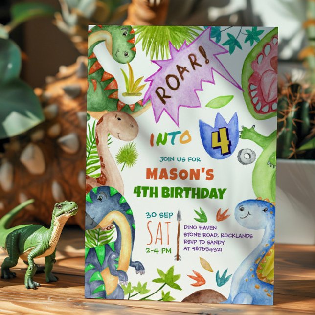 Boy Dinosaur 4th Birthday Invitation Inbjudningar (Skapare uppladdad)
