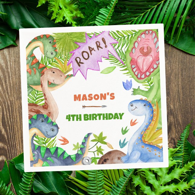 Boy Dinosaur 4th Birthday Invitation Pappersservett (Skapare uppladdad)